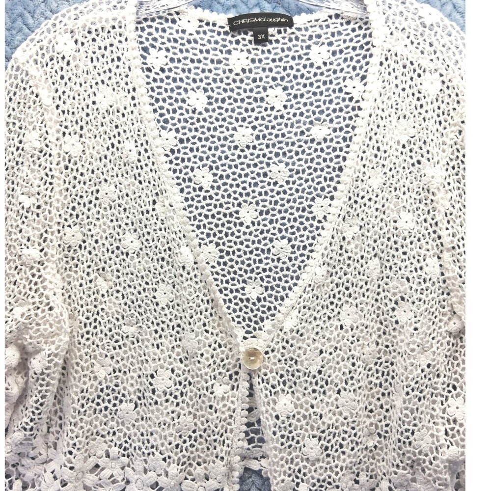 Chris McLaughlin White Floral Crochet Cardigan Sweater Plus Size 3X Cotton Boho - Picture 2 of 10
